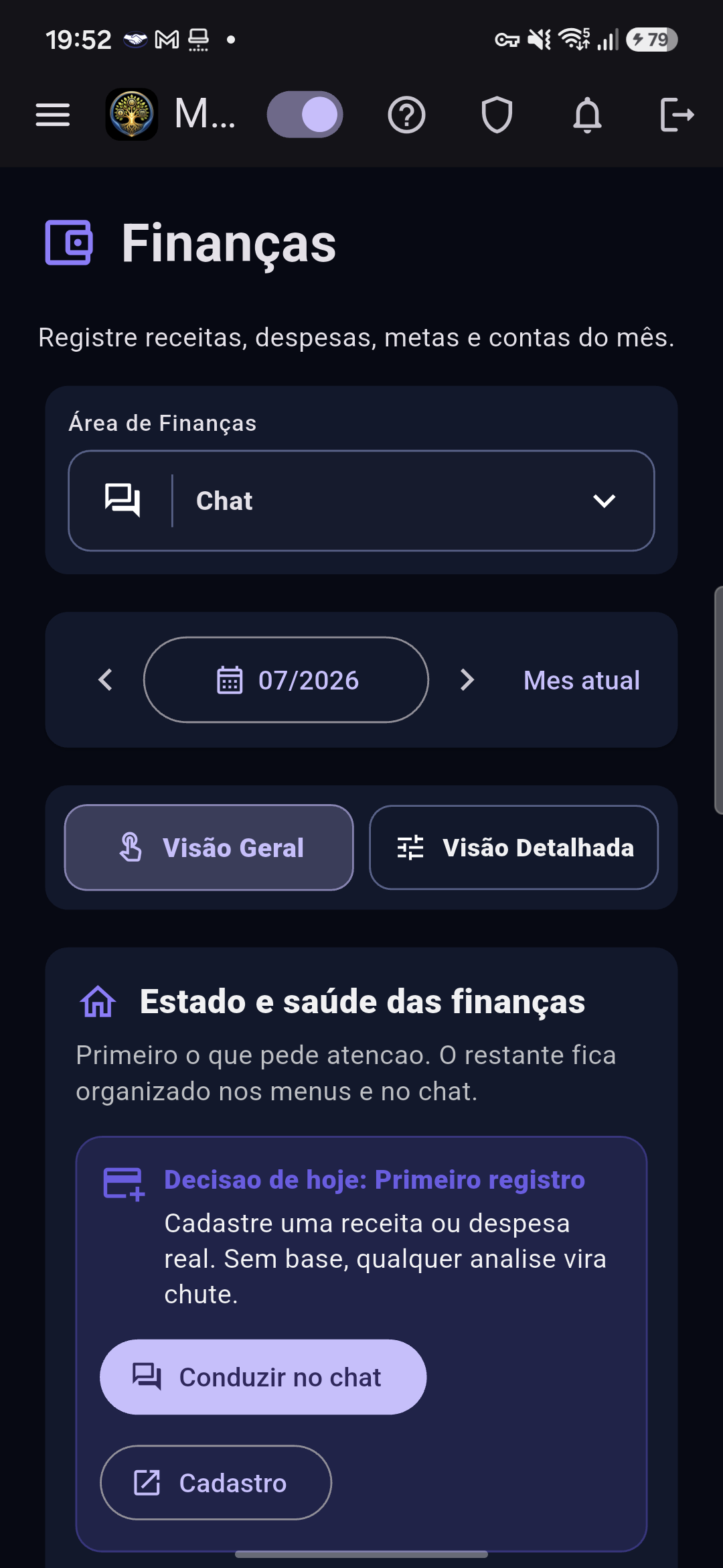 Tela do painel Finanças do aplicativo