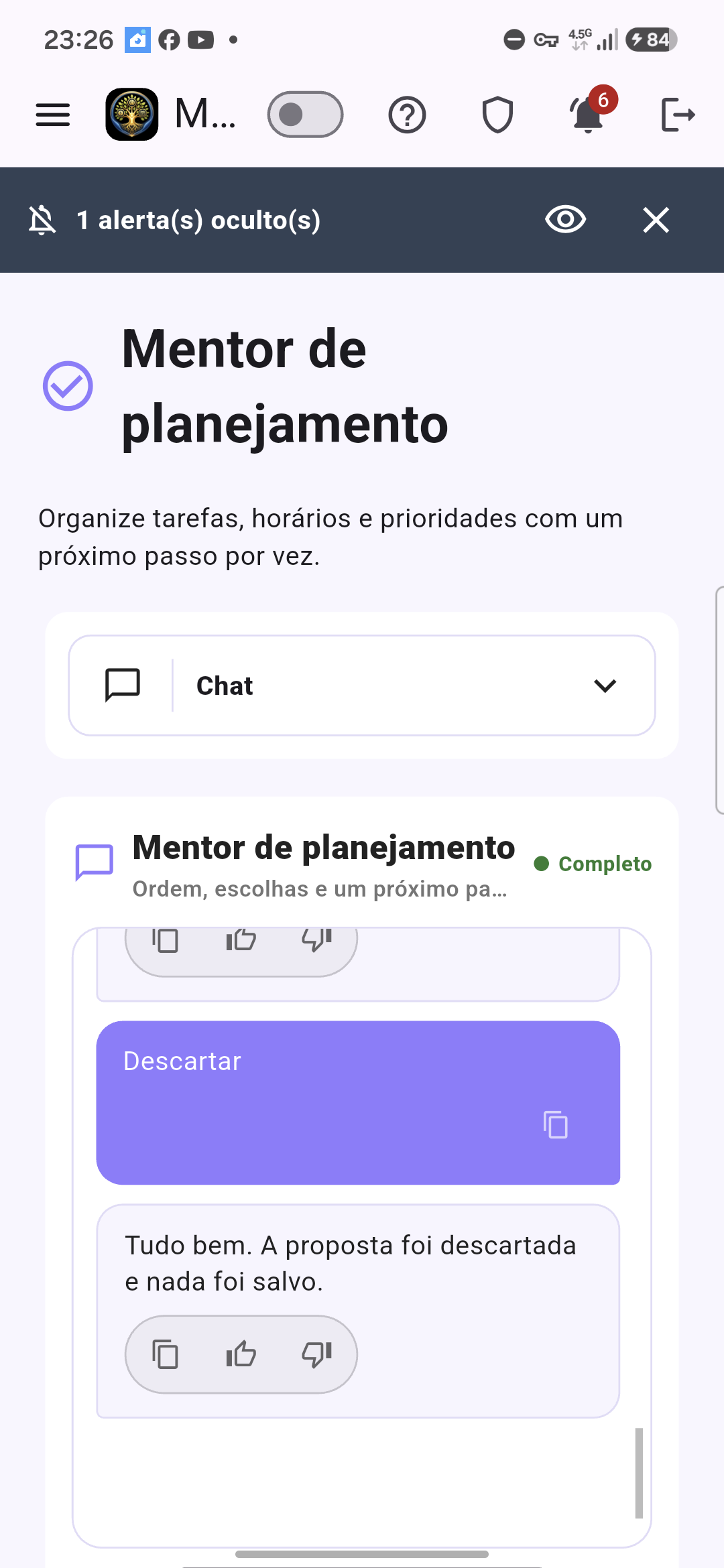 Tela do Mentor de planejamento